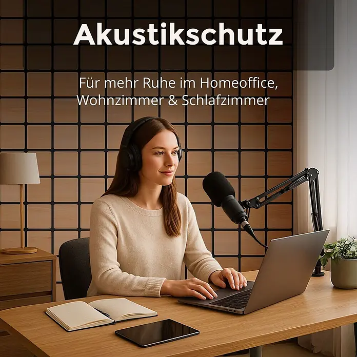 Dalsys Akustikpaneel 4x 60 x 60cm Quadrat Eiche Hell - Beige - Quadratische Akustikpaneele aus Holz mit dunklen Gitterlinien an einer Wand, die Schalldämmung im Homeoffice bieten.