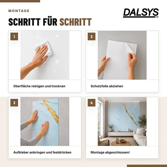Dalsys Wandpaneel - 600 x 300 mm - Installationsanleitung für selbstklebende Wandverkleidung: reinigen, abziehen, anbringen und Endergebnis.