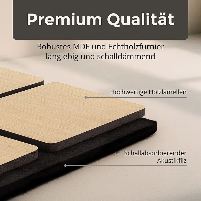 Dalsys Akustikpaneel 4x 60 x 60cm Quadrat Eiche Hell - Beige - Akustikpaneel-Querschnitt: hochwertige Holzlamellen aus MDF/Echtholzfurnier auf schallabsorbierendem Akustikfilz. Langlebig & schalldämmend.
