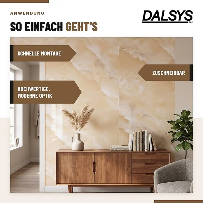 Dalsys Wandpaneel - 600 x 300 mm - DALSYS Wandpaneele in Marmoroptik in modernem Raum, betonen schnelle Montage und Zuschneidbarkeit.