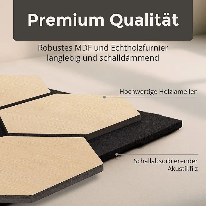 Dalsys Akustikpaneel 4x 76 x 62cm Hexagon Eiche Hell - Beige - Akustikpaneele mit hellen Holzlamellen und schwarzem Akustikfilz für Schalldämmung.