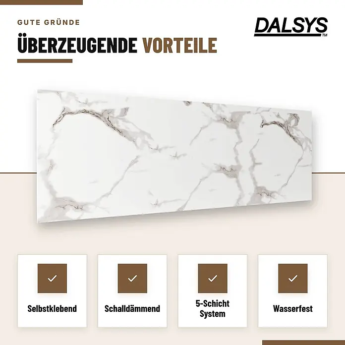 Dalsys Wandpaneel - 600 x 300 mm - Weiße Marmor-Dekorplatte mit Vorteilen: selbstklebend, schalldämmend, 5-Schicht-System, wasserfest.
