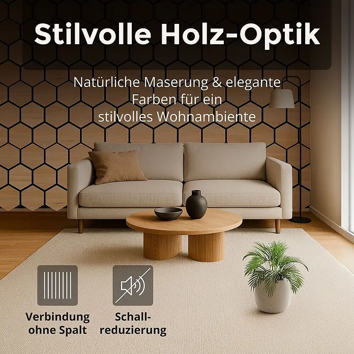 Dalsys Akustikpaneel 4x 76 x 62cm Hexagon Eiche Hell - Beige - Stilvolle sechseckige Wandpaneele in Holz-Optik für Wohnräume, mit fugenloser Verbindung und Schalldämmung.