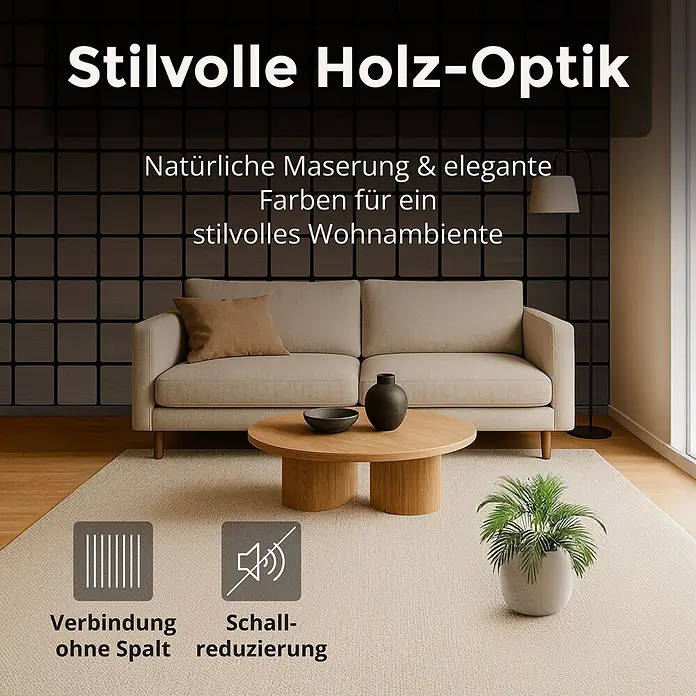 Dalsys Akustikpaneel 4x 60 x 60cm Quadrat Walnuss - Braun - Wohnzimmer mit stilvollen Wandpaneelen in Holz-Optik, mit natürlicher Maserung, nahtloser Verbindung und Schallschutz.