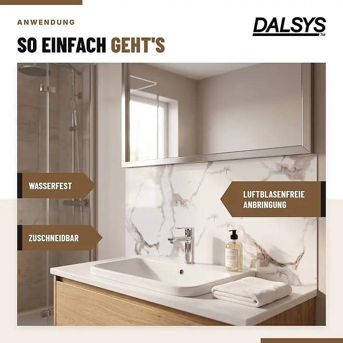 Dalsys Wandpaneel - 4.000 x 600 mm - Dalsys Marmor-Wandpaneele in modernem Bad, wasserfest, zuschneidbar und blasenfrei anbringbar.