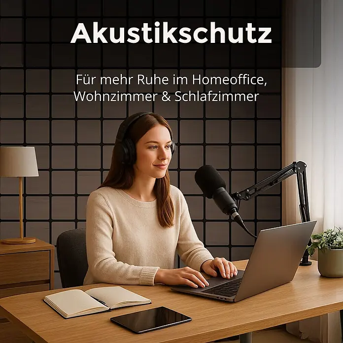 Dalsys Akustikpaneel 4x 60 x 60cm Quadrat Walnuss - Braun - Dunkle Akustikpaneele an einer Wand in einem modernen Raum, die Schalldämmung für ein ruhigeres Homeoffice, Wohn- oder Schlafzimmer zeigen.