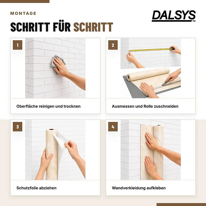 Dalsys Wandpaneel - 4.000 x 600 mm - Vier-Schritte-Anleitung für selbstklebende Wandverkleidung: Oberfläche reinigen, messen/zuschneiden, Schutzfolie abziehen, anbringen.