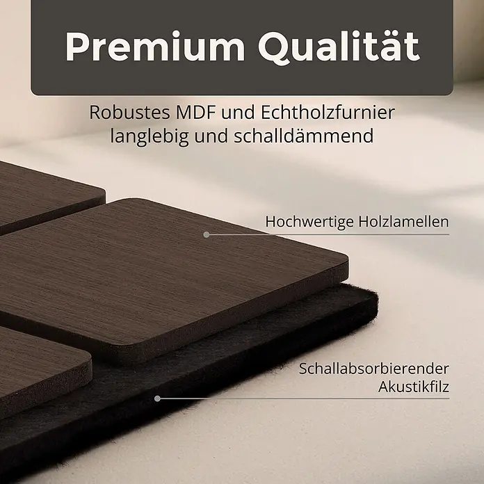 Dalsys Akustikpaneel 4x 60 x 60cm Quadrat Walnuss - Braun - Dunkelbraune Holzlamellen auf schwarzem Akustikfilz bilden eine hochwertige, langlebige, schalldämmende Platte.