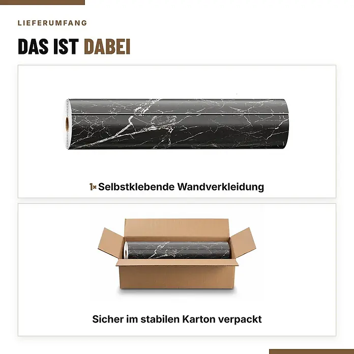 Dalsys Wandverkleidung Selbstklebend 3m Rolle x 60cm Schwarz PVC -  - Schwarze Marmor-Selbstklebefolie, sicher im Karton verpackt.