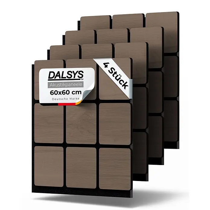 Dalsys Akustikpaneel 4x 60 x 60cm Quadrat Walnuss - Braun - Gestapelte DALSYS Akustikpaneele, 60x60 cm, braune Holzoptik, 4 Stück.