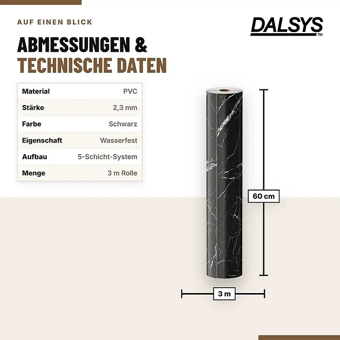 Dalsys Wandpaneel - 3.000 x 600 mm - Rolle schwarzer Marmor-PVC-Folie, 60 cm breit und 3 m lang, wasserfest und 2,3 mm dick.