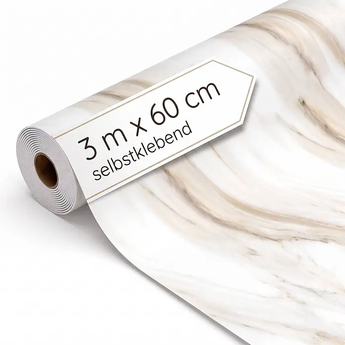 Dalsys Wandverkleidung Selbstklebend 3m Rolle x 60cm Elfenbein PVC -  - Selbstklebende Marmorfolie auf Rolle, weiß mit beigen Adern, 3 m x 60 cm.