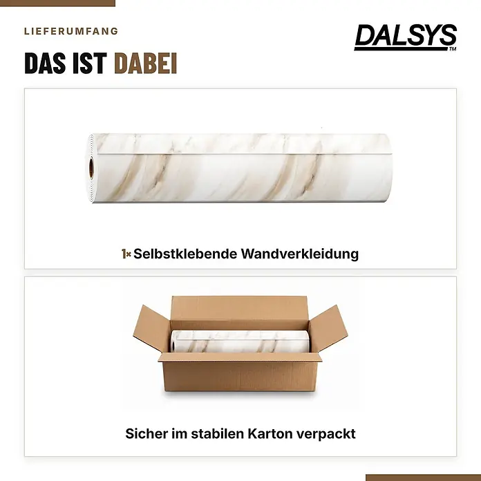 Dalsys Wandpaneel - 3.000 x 600 mm - Eine Rolle helle, marmorierte selbstklebende Wandverkleidung und dieselbe Rolle sicher verpackt in einem stabilen braunen Karton.