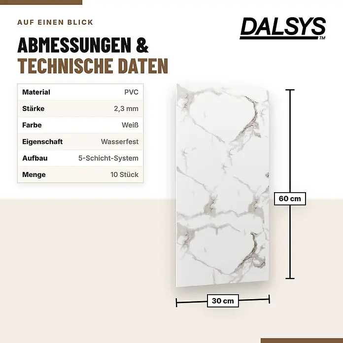 Dalsys Wandpaneel - 600 x 300 mm - Weißes PVC-Paneel mit Marmormuster, 30x60 cm, 2,3 mm stark, wasserfest, 5-Schicht-System, 10 Stück pro Packung, mit technischen Daten.