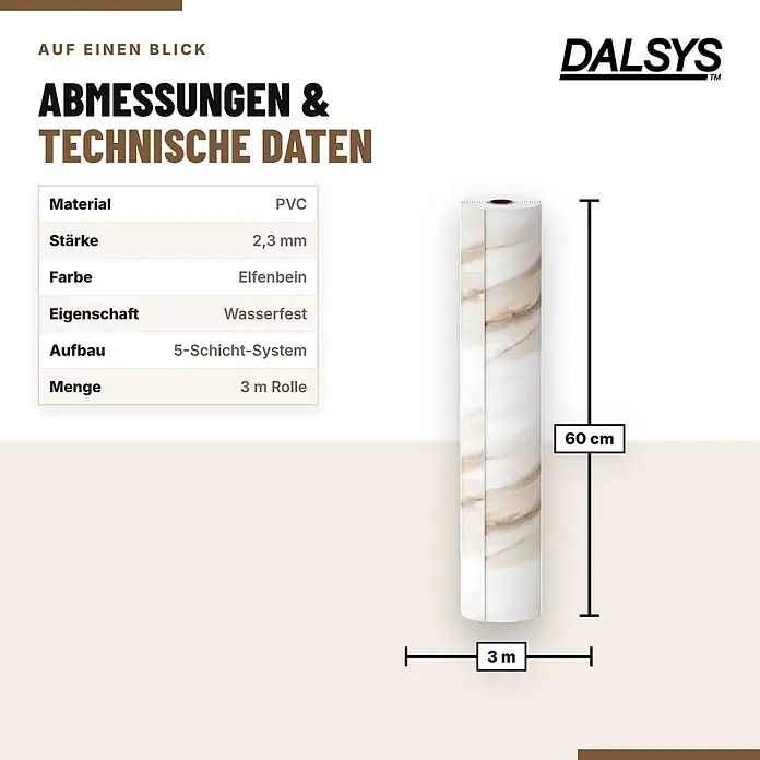 Dalsys Wandpaneel - 3.000 x 600 mm - Rolle DALSYS PVC-Klebefolie in Elfenbein-Marmoroptik, 60 cm breit und 3 m lang.