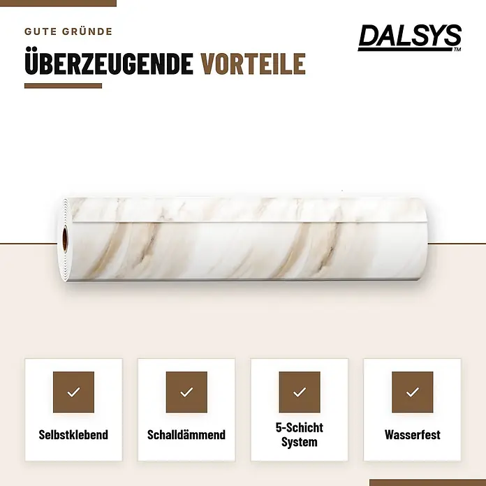 Dalsys Wandpaneel - 3.000 x 1.200 mm - Rolle weiß-beigefarbener Marmor-Selbstklebeboden, hebt Eigenschaften wie Schalldämmung und Wasserfestigkeit hervor.