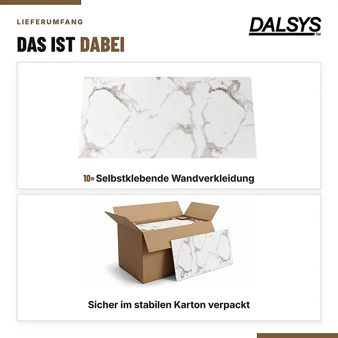 Dalsys Wandpaneel - 600 x 300 mm - Zehn weiße selbstklebende Wandpaneele in Marmoroptik, sicher in einem stabilen Karton verpackt.