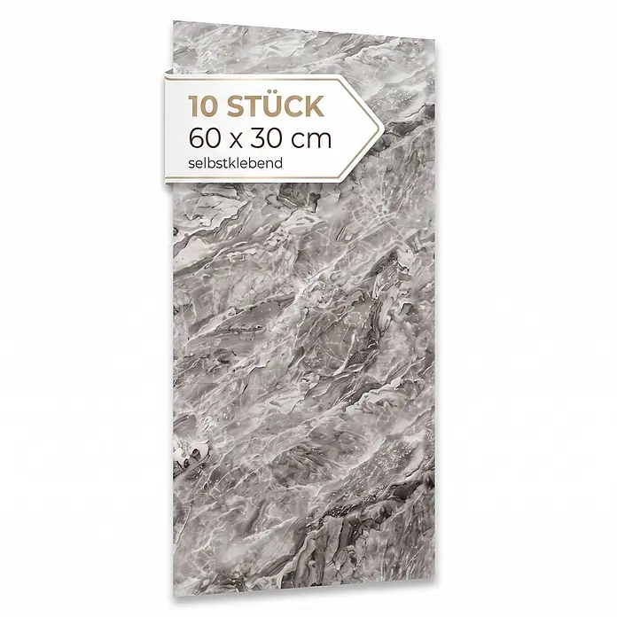 Dalsys Wandpaneel - 600 x 300 mm - 10 selbstklebende Platten mit grauem Marmormuster, je 60 x 30 cm.