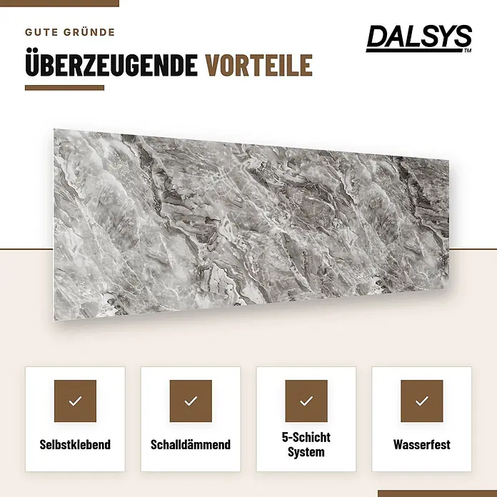 Dalsys Wandpaneel - 600 x 300 mm - Graues selbstklebendes Wandpaneel in Marmoroptik mit Schalldämmung, 5-Schicht-System und wasserfesten Eigenschaften.
