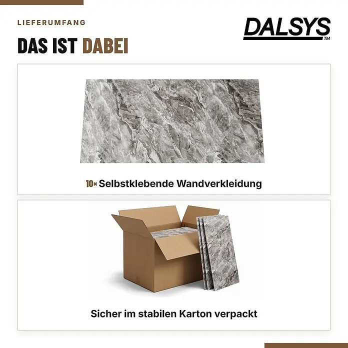 Dalsys Wandpaneel - 600 x 300 mm - Selbstklebende Wandverkleidung mit grauem Marmormuster, einzeln und sicher in einem Karton verpackt.