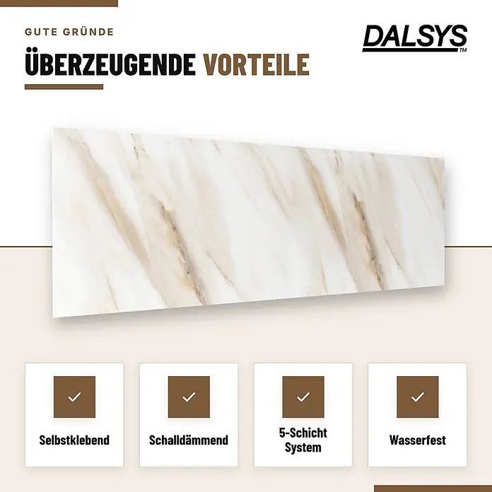Dalsys Wandpaneel - 600 x 300 mm - Rechteckige Platte mit weiß-goldenem Marmormuster, selbstklebend, schalldämmend, 5-Schicht-System, wasserfest.