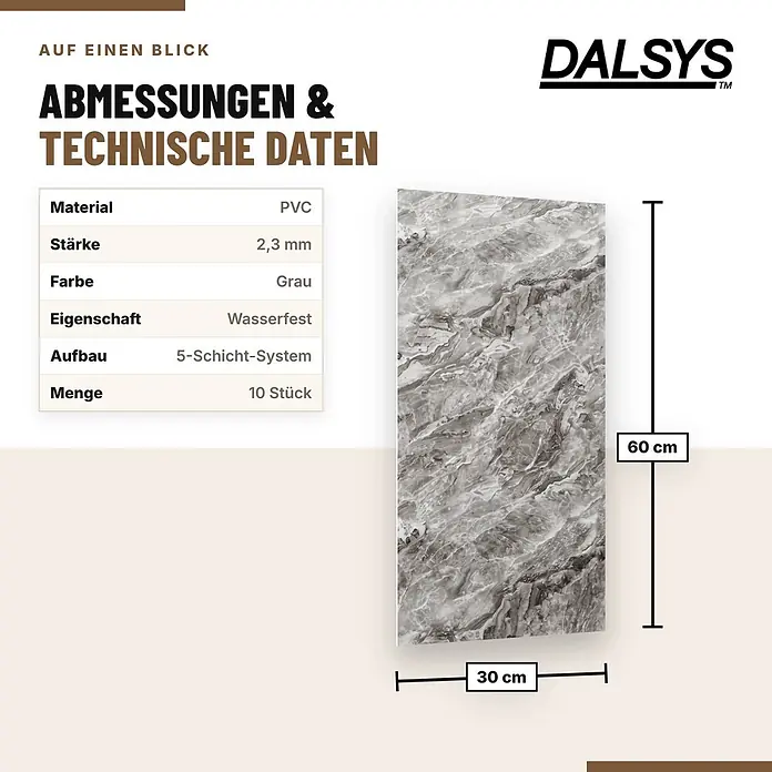 Dalsys Wandpaneel - 600 x 300 mm - Graue marmorierte PVC-Platte, 30x60 cm, 2,3 mm dick, wasserfest, 10 Stück.