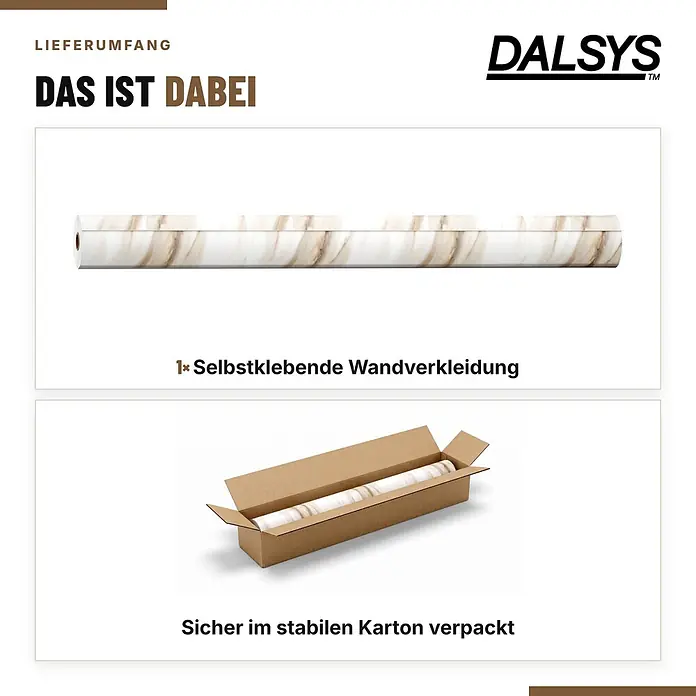 Dalsys Wandpaneel - 3.000 x 1.200 mm - Gerollte selbstklebende Wandverkleidung mit hellem Marmormuster, auch in einem Karton verpackt.