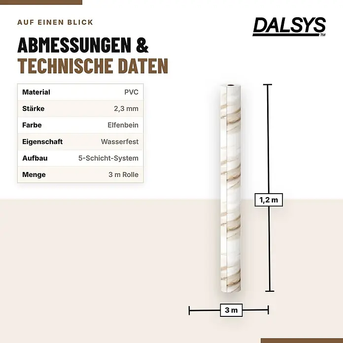 Dalsys Wandpaneel - 3.000 x 1.200 mm - DALSYS PVC-Rolle, 1,2m breit, 3m lang, 2,3mm stark, Elfenbein-Marmoroptik, wasserfest, 5-Schicht-System.