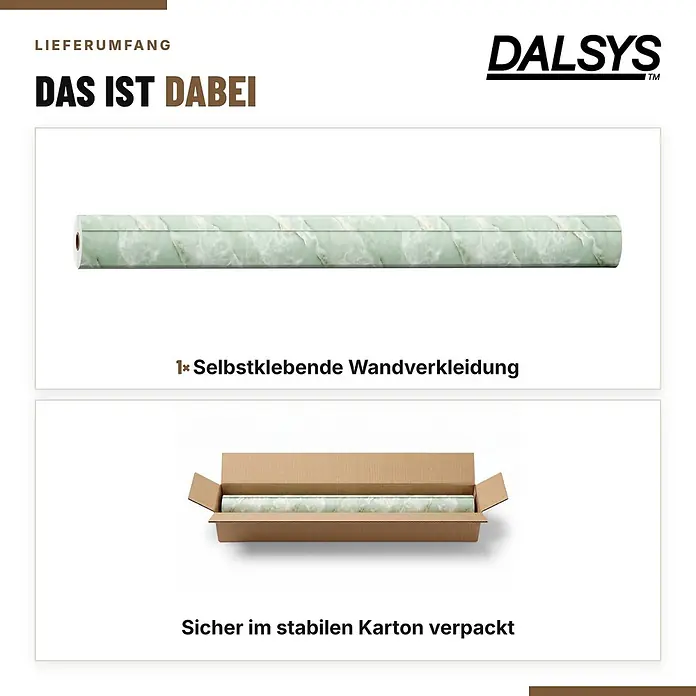 Dalsys Wandverkleidung Selbstklebend 3m Rolle x 120cm Salbeigrün PVC -  - Eine Rolle selbstklebende Wandverkleidung mit grünem Marmormuster, sicher verpackt in einem stabilen Karton.