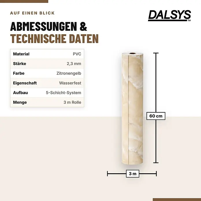 Dalsys Wandpaneel - 3.000 x 600 mm - Gerollte PVC-Folie mit cremefarbenem Marmormuster, 60 cm breit und 3 m lang.