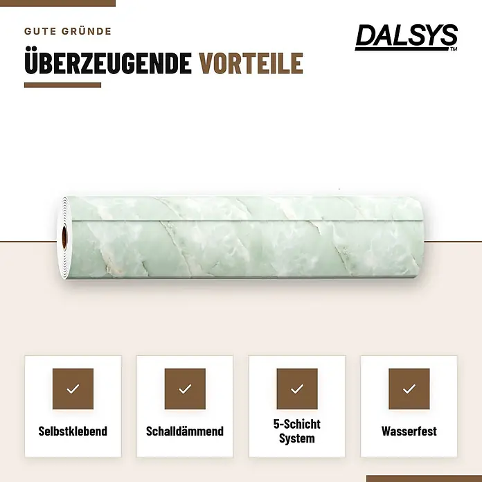 Dalsys Wandpaneel - 3.000 x 600 mm - Gerollte hellgrüne selbstklebende Folie mit Marmormuster. Eigenschaften: schalldämmend, 5-Schicht-System, wasserfest.