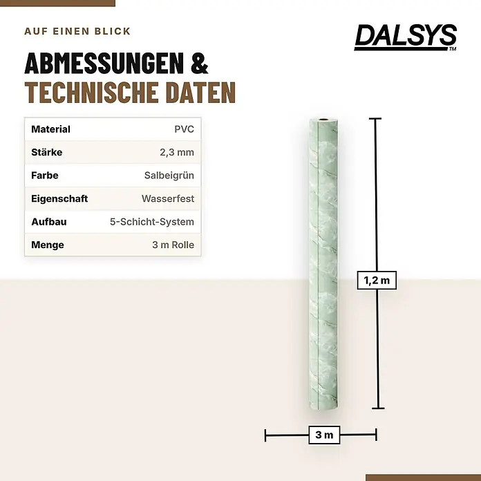 Dalsys Wandpaneel - 3.000 x 1.200 mm - Salbeigrüner PVC-Rolle, 1,2 m breit, 3 m lang. Wasserdicht, 2,3 mm dick.