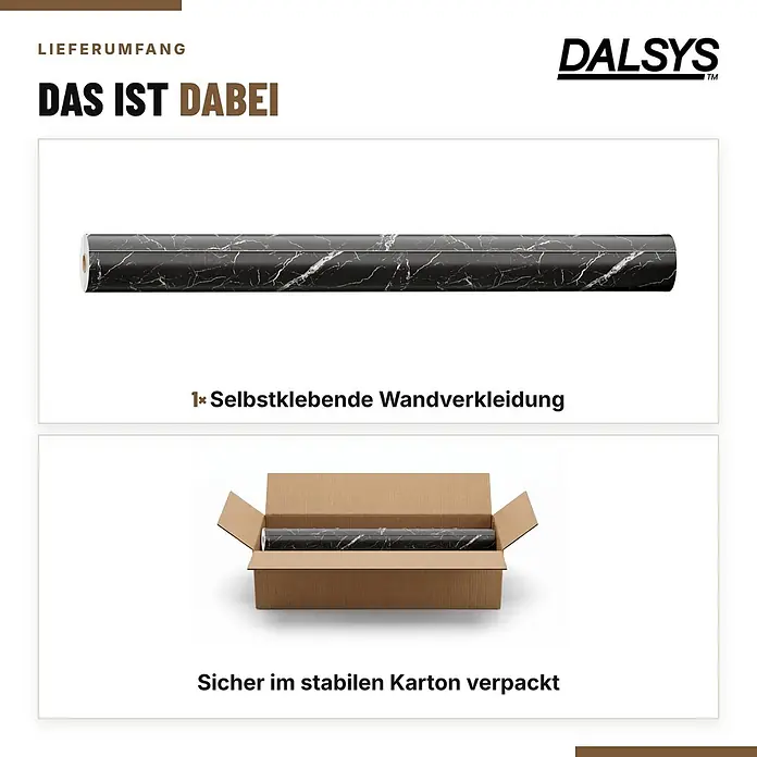 Dalsys Wandverkleidung Selbstklebend 3m Rolle x 120cm Schwarz PVC -  - Schwarze Marmor-Wandverkleidung, selbstklebend, als Rolle und im Karton verpackt.