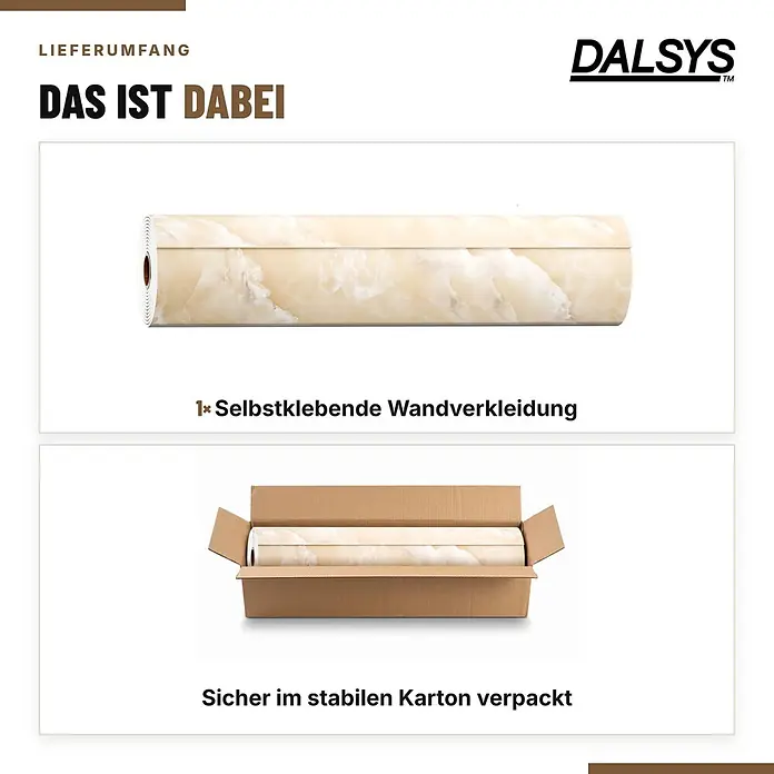 Dalsys Wandpaneel - 3.000 x 600 mm - Eine gerollte, selbstklebende Wandverkleidung mit hellem Marmormuster, einzeln und sicher verpackt in einem stabilen Karton.