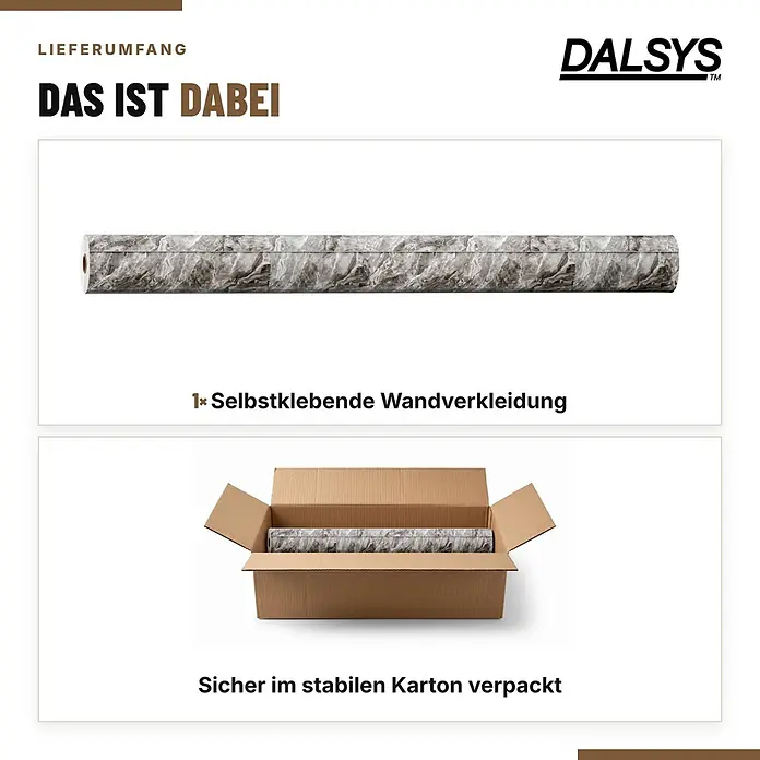 Dalsys Wandpaneel - 3.000 x 600 mm - Rolle selbstklebender, grau gemusterter Wandverkleidung, einzeln und sicher in einem braunen Karton verpackt.