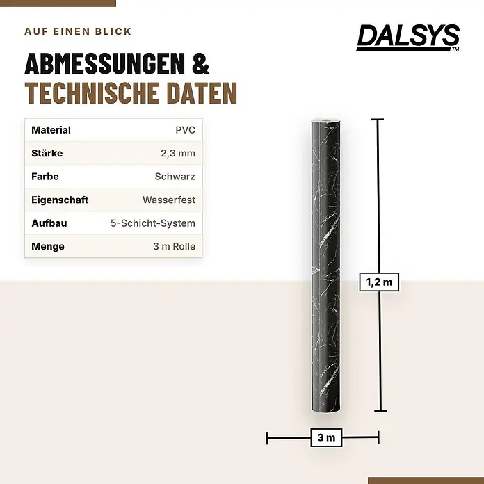 Dalsys Wandverkleidung Selbstklebend 3m Rolle x 120cm Schwarz PVC -  - Schwarze Marmor-PVC-Rolle, 1,2m hoch, 3m lang, 2,3mm dick, wasserfest.