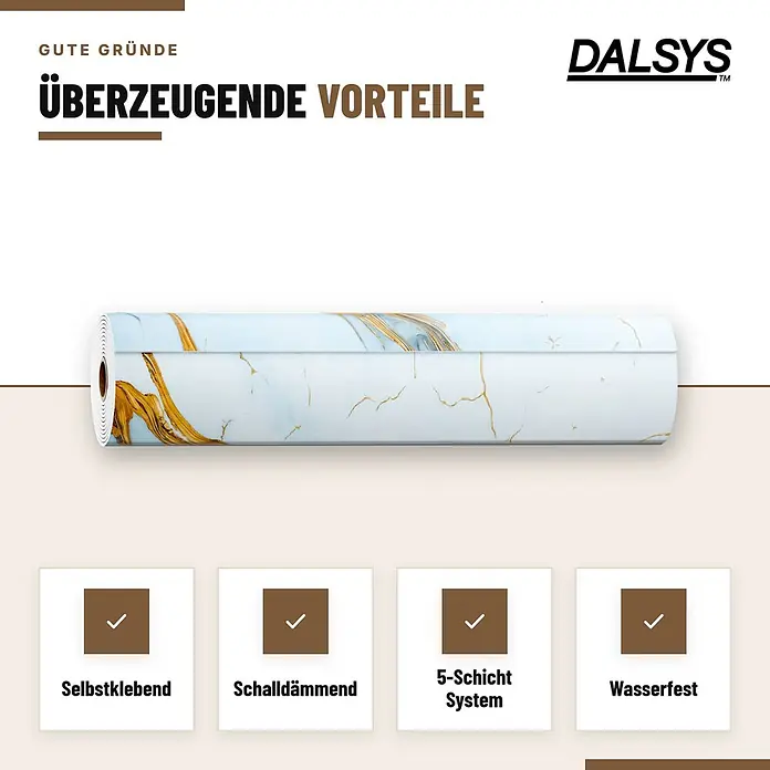 Dalsys Wandpaneel - 4.000 x 600 mm - DALSYS selbstklebende Folienrolle: blau-goldener Marmor, schalldämmend, 5-Schicht, wasserfest.