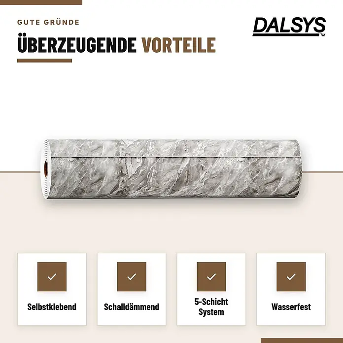 Dalsys Wandpaneel - 3.000 x 600 mm - Rolle aus selbstklebender Folie/Bodenbelag in grauem Marmormuster mit schallisolierenden, 5-Schicht- und wasserfesten Eigenschaften.