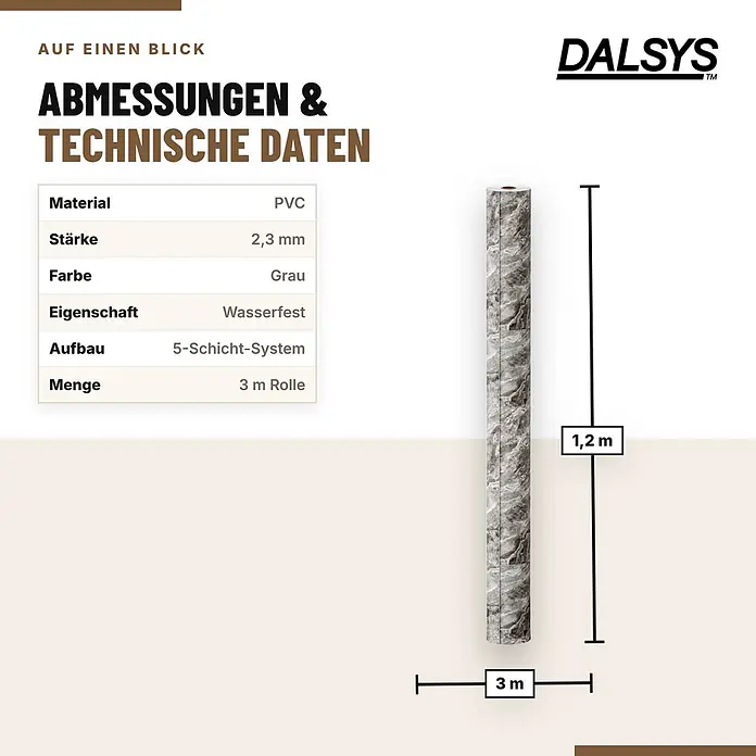 Dalsys Wandpaneel - 3.000 x 600 mm - Graue PVC-Rolle mit 1,2 m Breite und 3 m Länge, wasserfest und 2,3 mm stark.