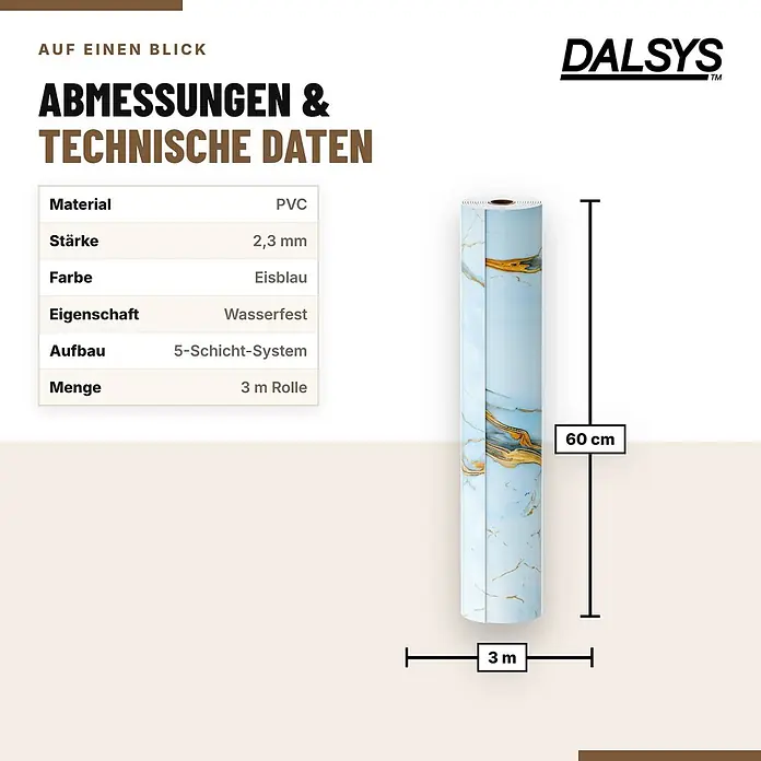 Dalsys Wandpaneel - 3.000 x 600 mm - Rolle aus eisblauem, wasserfestem PVC-Material (5-Schicht-System) mit goldenem Muster, 60 cm breit und 3 m lang.