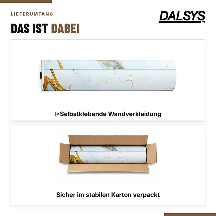 Dalsys Wandpaneel - 3.000 x 600 mm - Selbstklebende Wandverkleidung in Hellblau/Gold-Marmoroptik, als Rolle und im Karton verpackt.