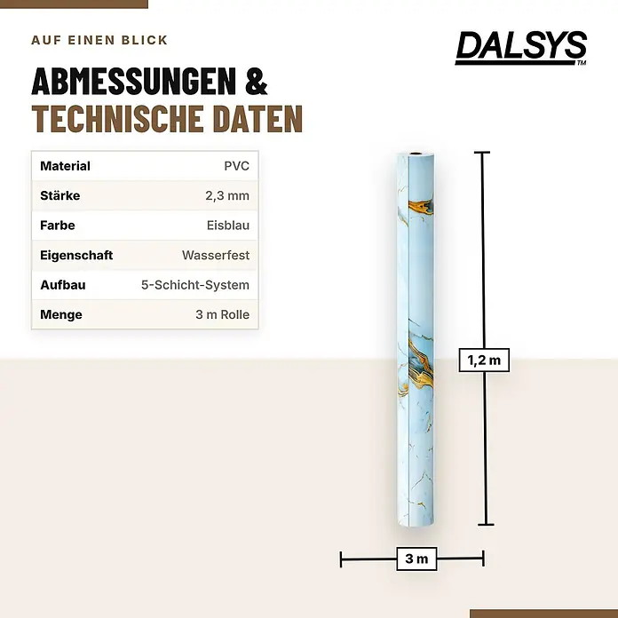 Dalsys Wandpaneel - 3.000 x 1.200 mm - Gerollte hellblaue & goldene Marmor-PVC-Folie, 1,2m breit, 3m lang, 2,3mm dick & wasserfest.