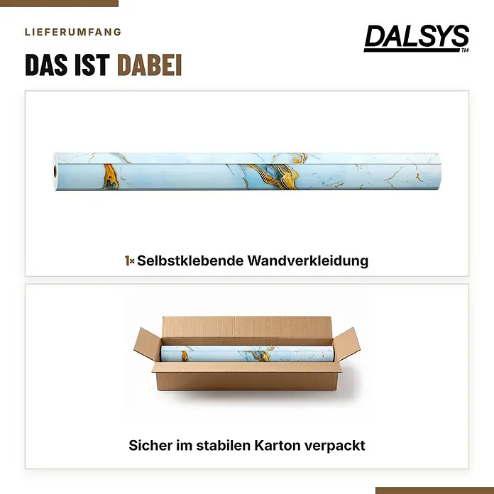 Dalsys Wandpaneel - 3.000 x 1.200 mm - Himmelblaue selbstklebende Wandverkleidung mit goldenen Mustern, als Rolle und sicher in einem Karton verpackt.