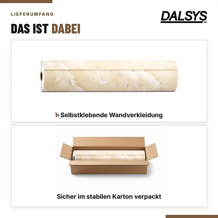 Dalsys Wandverkleidung Selbstklebend 4m Rolle x 60cm Zitronengelb PVC -  - Gerollte selbstklebende Wandverkleidung mit hellem Marmormuster, sicher verpackt in einem stabilen Karton.