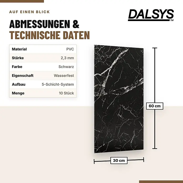 Dalsys Wandpaneel - 600 x 300 mm - Schwarze PVC-Fliese mit weißer Marmorierung, 30x60 cm, 2,3 mm stark. Wasserdichtes 5-Schicht-System, 10 Stück.