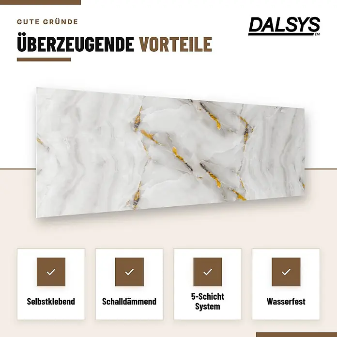 Dalsys Wandpaneel - 600 x 300 mm - Rechteckige Platte mit weißer Marmoroptik und goldenen Adern, selbstklebend, schalldämmend, 5-Schicht System, wasserfest.