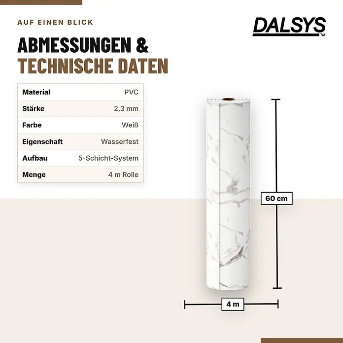Dalsys Wandpaneel - 4.000 x 600 mm - Marmorierte PVC-Folie, 4 m lang, 60 cm breit, 2,3 mm stark.