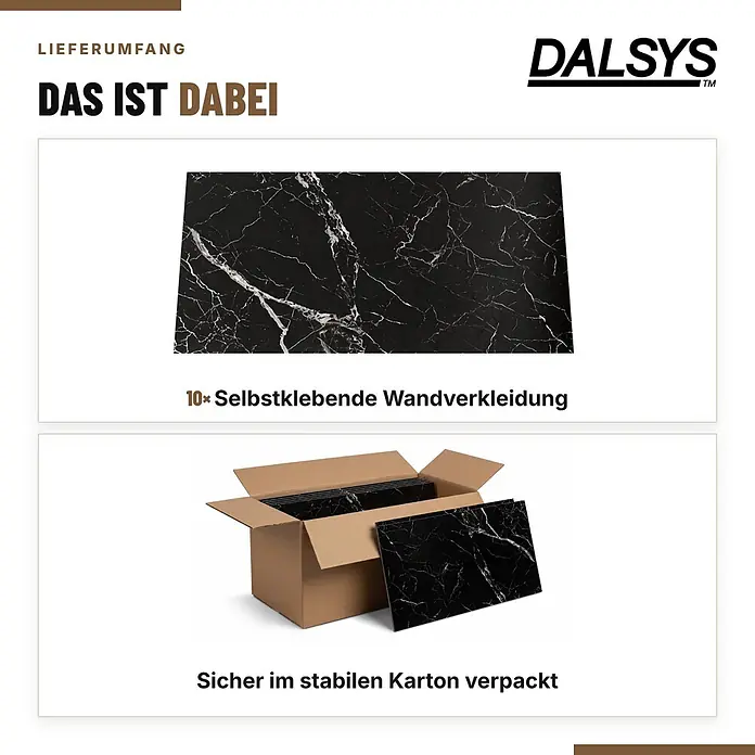 Dalsys Wandpaneel - 600 x 300 mm - Zehn selbstklebende Wandverkleidungsplatten in schwarzer Marmoroptik, sicher in einem stabilen Karton verpackt.