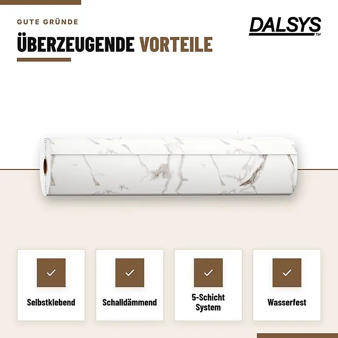 Dalsys Wandpaneel - 3.000 x 1.200 mm - Weiß-graue, marmorierte selbstklebende Rolle, schalldämmend, 5-Schicht-System, wasserfest.