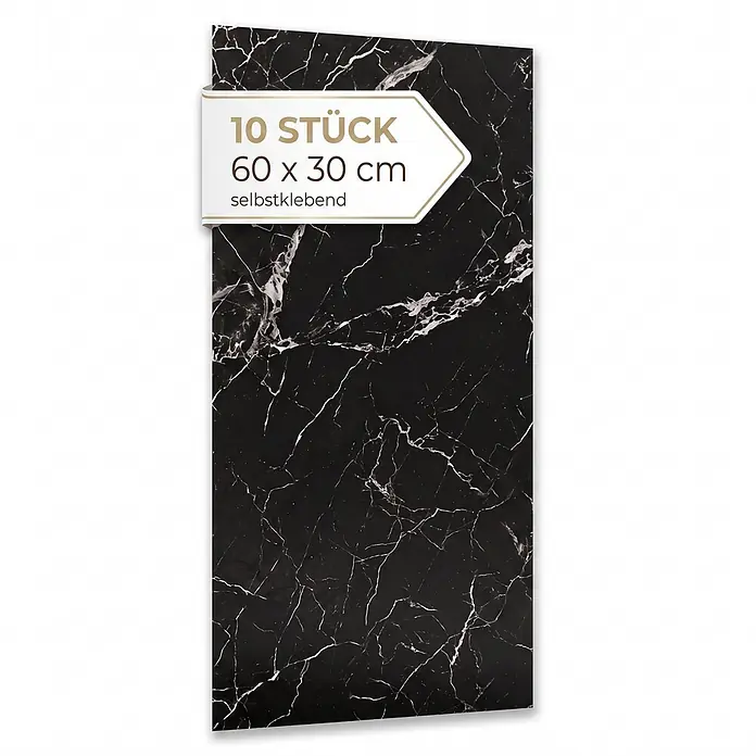 Dalsys Wandpaneel - 600 x 300 mm - Selbstklebende Folie in Schwarz Marmor-Optik, 10 Stück, 60 x 30 cm.